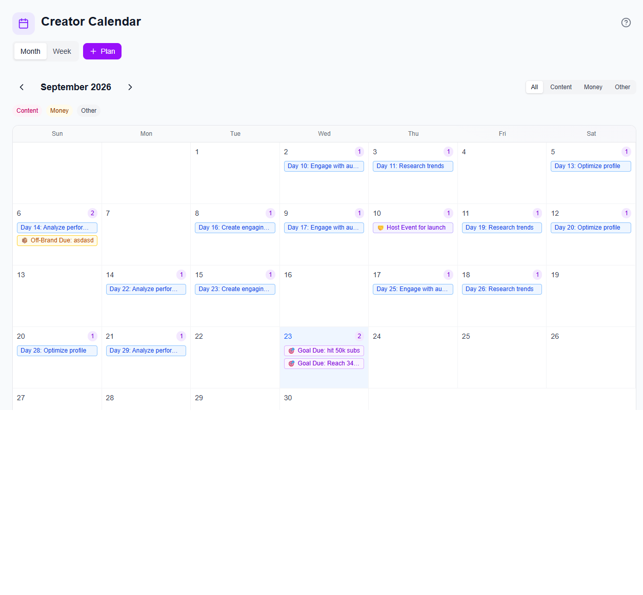 Creator Calendar in iBuildInfluence